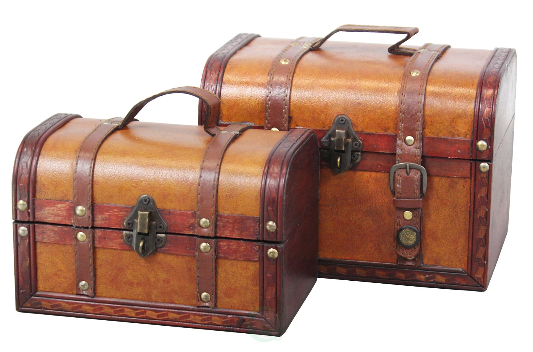 Vintage Brown Leather Storage Trunk Set with Brass Accents