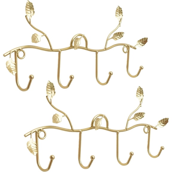 Decorative Leaves Iron Hooks, 2 Pack Gold Leaf Coat Rack Wall Mount Hooks for Hanging Row Hooks with 4 Hooks Key Hangers for Wall Decor No Drill for Living Room, Kitchen, Office