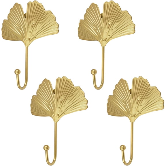 Decorative Leaves Iron Hooks,4pcs Ginkgo Leaf Shape Wall Mounted Hooks Modern Key Holder Wall Mounted Gold Single Prong Coat Hanger Home Office Nursery Room Decoration