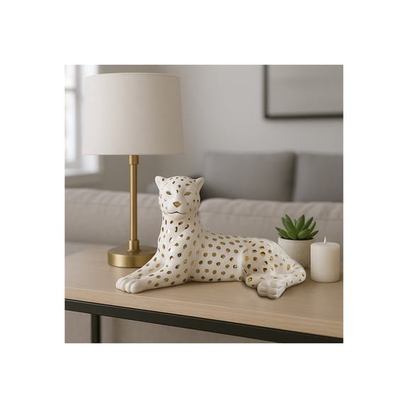 Decorative Leopard Lying Down Sculpture for Home Decor - Elegant Figurine for Bathroom, Office, Bedroom, or Shelf Decor - Ornamental Statue for Coffee Table or Living Room Decor - 6", White & Gold