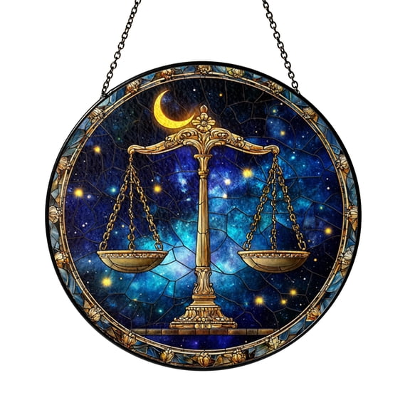 Decorative Libra Zodiac Scales Symbol Stained Glass Style Suncatcher, Round Window Hanging Cosmic Decor