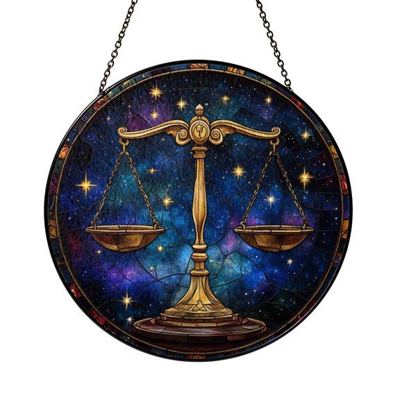 Decorative Libra Zodiac Stained Glass Window Hanging with Elegant Scale Symbol and Celestial Flow