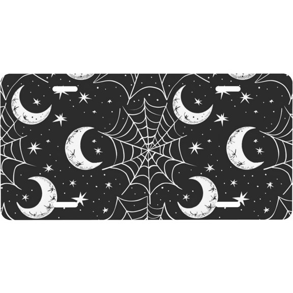 Decorative License Plate with Moon Stars Spider Web Design, Auto Plate Cover, Aluminum, 6 x 12 Inch