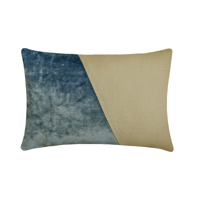 Decorative Light Blue 12"x18" (30x45 cm) Lumbar Pillow Cover, Velvet & Linen Solid Color Block Oblong Pillow, Patchwork Pattern Modern Style - Velutinous Light Blue