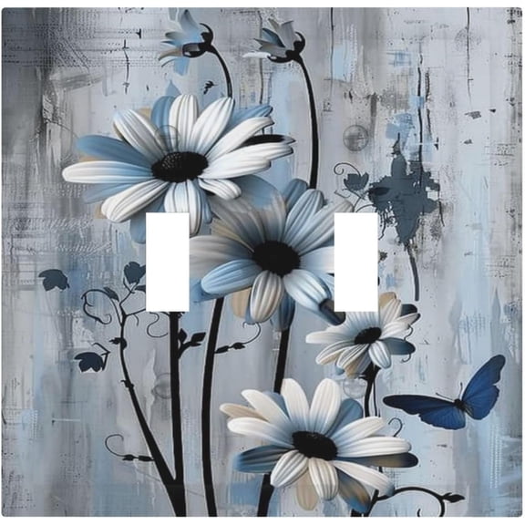 Decorative Light Switch Cover Rustic Wood Blue Florals Butterfly Flower 2 Gang Double Toggle Wall Plates Switch Plate Electrical Outlet Cover Decora Switch Plate for Bedroom Home Decor