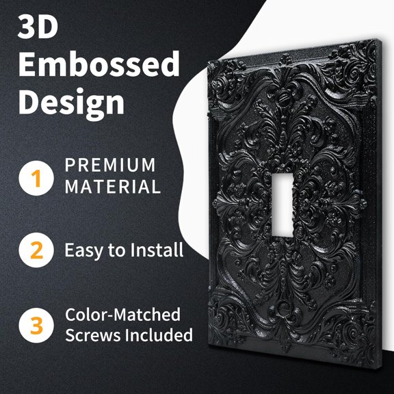 Decorative Light Switch Plate Covers Black Luxury 3D Embossed Ornate Floral Design 1 Gang Light Switch Cover Plate Single Toggle Wall Plate Outlet Covers Faceplate for Elegant Home Wall Decor