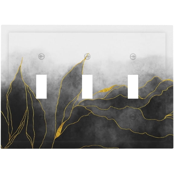 Decorative Light Switch Plate Covers Ombre Black Marble Abstract White Golden Leaf 3 Gang Artistic Wall Plate Unique Triple Toggle Light Switch Covers for Bathroom Home Decor
