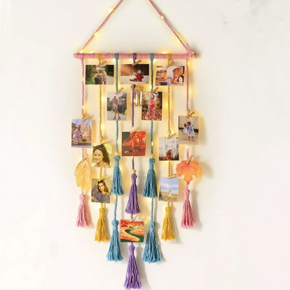 Decorative Light Up Handmade Tassel Hanging Decoration Photo Storage Wall Decor, Photo Hanging Light With Clip/pink