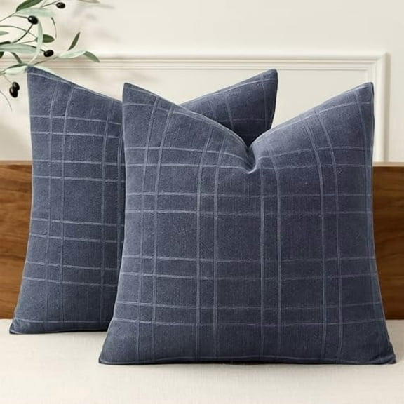 Decorative Linen Check Euro Shams Throw Pillow Covers Neutral Farmhouse Vintage Pillow Covers 22x22 Set of 2 Boho Modern Home Decor for Sofa Couch Bedroom Cushion Navy Blue