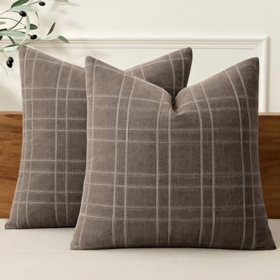 Decorative Linen Check Euro Shams Throw Pillow Covers Neutral Farmhouse Vintage Pillow Covers 24x24 Set of 2 Boho Modern Winter Home Decor for Sofa Couch Bedroom Cushion Brown