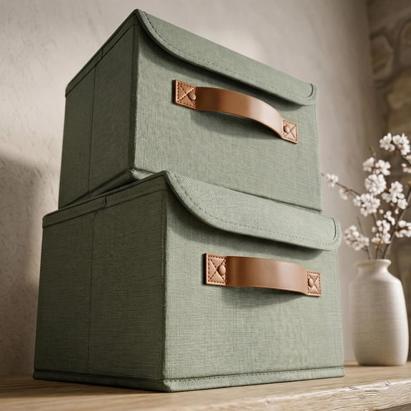 Decorative Linen Storage Boxes with Lids - Spacious Set of 2 Organizer Bins for Your Home Decor - The Perfect Small Container to Safely Store Photos, Documents and Memory Box Keepsakes in Style