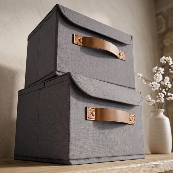 Decorative Linen Storage Boxes with Lids - Spacious Set of 2 Organizer Bins for Your Home Decor - The Perfect Small Container to Safely Store Photos, Documents and Memory Box Keepsakes in Style