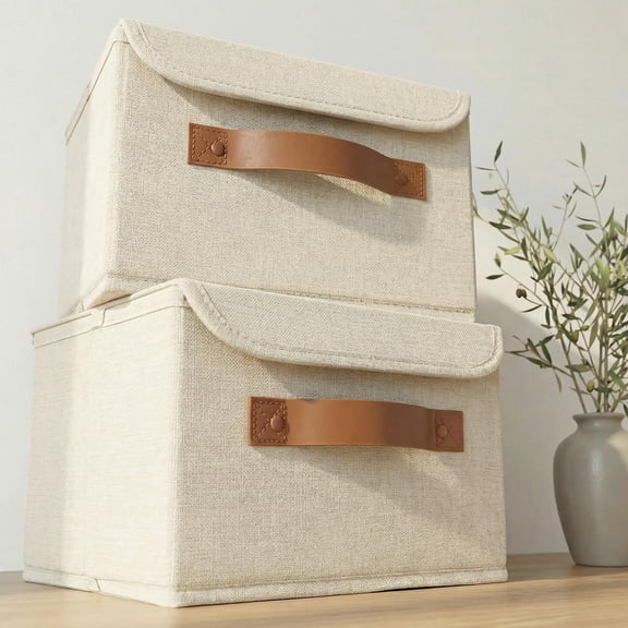 Decorative Linen Storage Boxes with Lids Spacious Set of 2 Organizer Bins