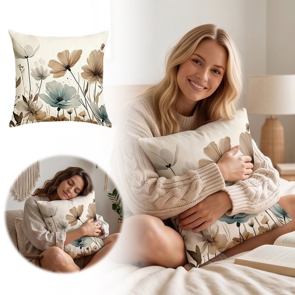Decorative Linen Throw Pillow Cover Soft Square Cushion Case for Sofa Couch Bedroom Floral Pattern Double Sided 17.7 x 0.8 Inches