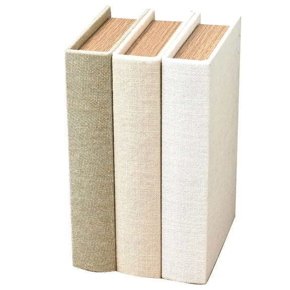 Decorative Linen & Wood Book Boxes, Set of 3 Faux Storage Books for Shelf Decor, 10.2", Olive Green, Beige, and Off-White