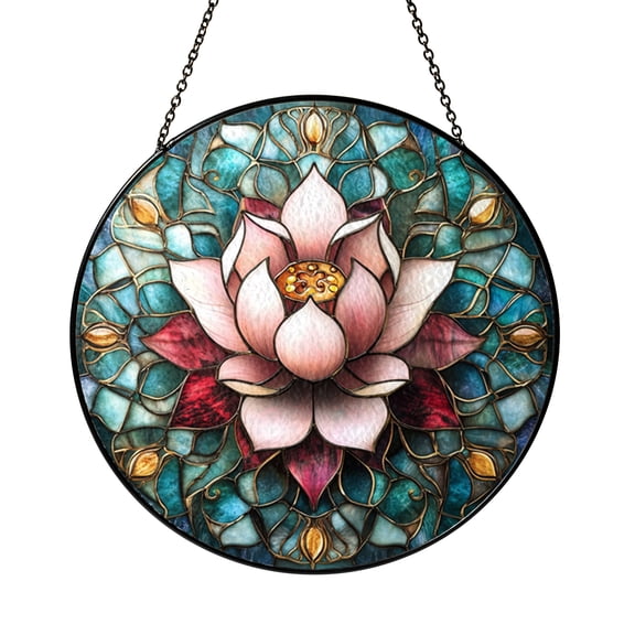 Decorative Lotus Flower Stained Glass Window Hanging with Balanced Mandala Composition and Soothing Color Harmony for Home Decor