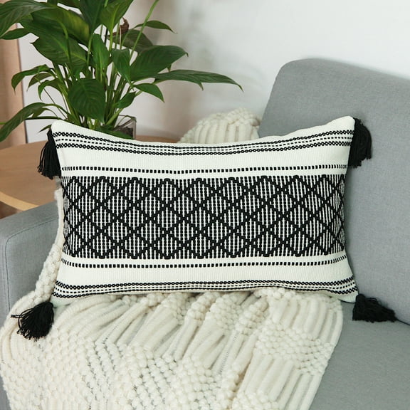 Decorative Lumbar Pillow Cover with Tassels, 12x20 Inches, Black and White | Boho Rectangular Cushion Cover for Living room Couch, Sofa, Chair | Farmhouse Rustic Woven Pillow Case