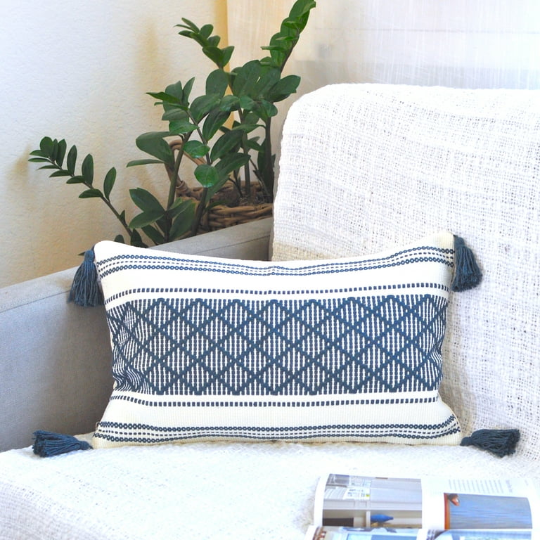 Decorative Lumbar Pillow Cover with Tassels, 12x20 Inches, Navy Blue /Cream  | Boho Rectangular Pillow Cover for Living room Couch, Sofa, Chair 