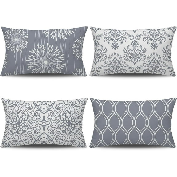 Decorative Lumbar Pillow Covers 12x20 Set of 4, Grey and White Modern Simple Square Pillow Case Cushion Cover for Sofa Couch Farmhouse Living Room Bedroom Car(Gray and White)