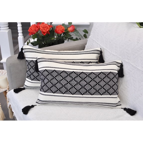 Decorative Lumbar Pillow Covers with Tassels, 12x20 Inches, Black and White (Set of 2) Checkered Pattern | Boho Rectangular Cushion Covers for Living room Couch, Sofa, Chair Checks Pattern