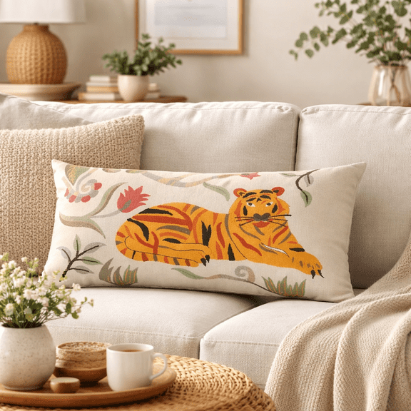 Decorative Lumbar Pillow for Living Room Couch Sofa | Embroidered & Printed Tiger Design Pillow with Insert 24x14" | Multicolor