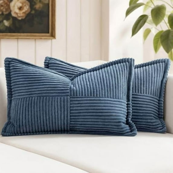 Decorative Lumbar Throw Pillow Covers for Couch Bed Livingroom 14x24 Inch Set of 2 Blue Boho Accent Throw Pllows Broadside Striped Patchwork Soft Corduroy Summer Coastal Pillowcases