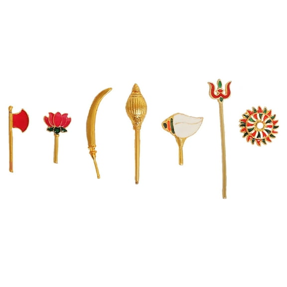 Decorative Maa Durga Shastra for Festival Diwali Decorations Set of 7 Weapons for Money & Safety - Lord Vishnu Worship for Pooja Mandir Temple Dcor I Golden I 2 Inches Each (Durga devi Accessories)