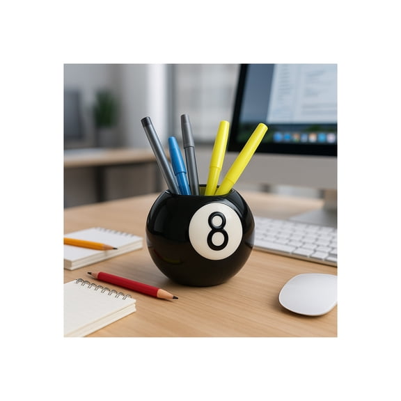 Decorative Magic 8 Ball Pencil Cup for Desk Organizer - Small Desktop Storage for Office, Workspace, or Home Decor - Modern Functional Accessory for Bedroom or Bathroom - 4", Black & White