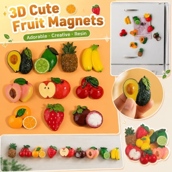 Decorative, Magnets Refrigerator, Strawberry Decorations Cherry Decorations, Fruit Decor, 10-Piece Assorted 3D Resin Cute Fruit Refrigerator Set, Decorative Accent That Covers