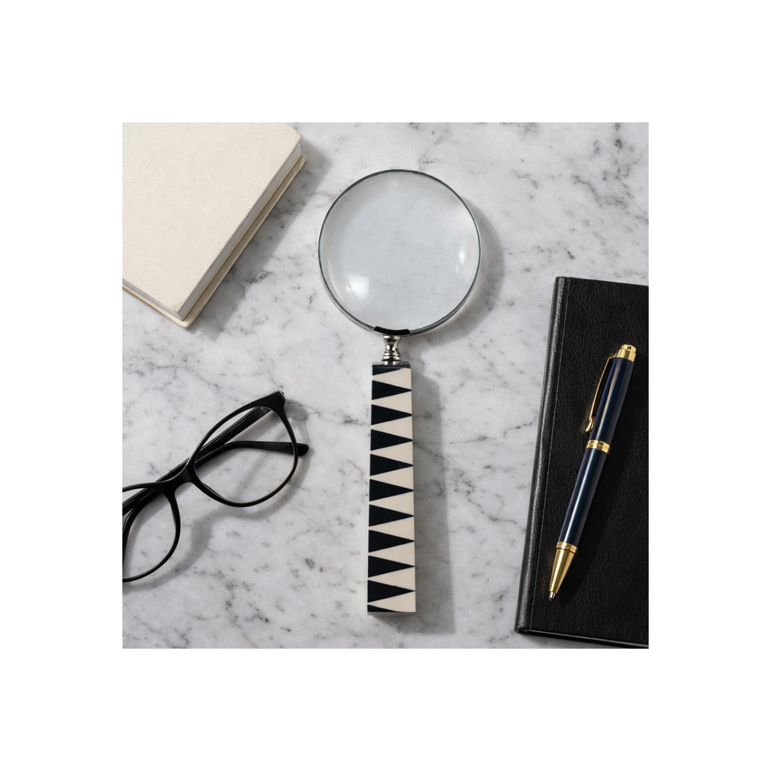 Sleek Magnifying Glass Sculpture for Home and Bathroom Display - Modern Living Room, Office or Shelf Decor with Sharp Line Accents - Decorative Figurine for Shelf and Coffee Table - 10", White & Blue