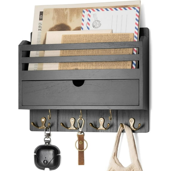 Decorative Mail Organizer - Wood Key Holder Wall Mount with Storage Drawer and 7 Key Hooks - Home Decor for Organizing Your Entryway, Hallway, or Office (Black)