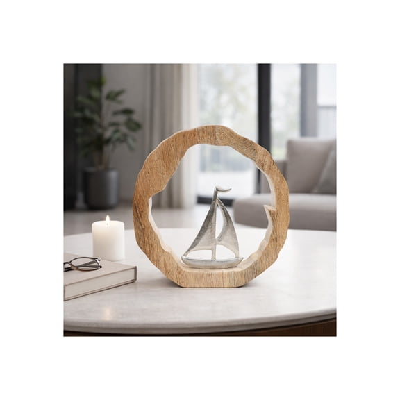 Decorative Mango Wood Sculpture with Figurine for Home Decor - Casual Ornament Accent for Bathroom Vanity, Office Space, or Living Room Decor - Ideal Shelf or Coffee Table - 11", Brown & Silver