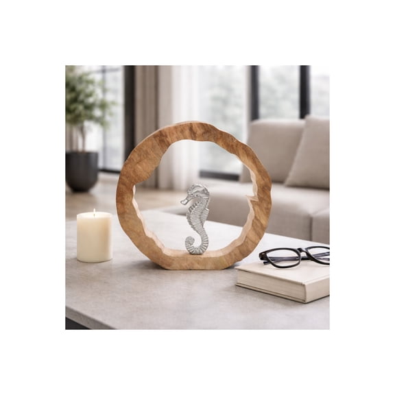 Decorative Mango Wood Sculpture with Figurine for Home Decor - Casual Ornament Accent for Bathroom Vanity, Office Space, or Living Room Decor - Ideal Shelf or Coffee Table - 11", Brown & Silver