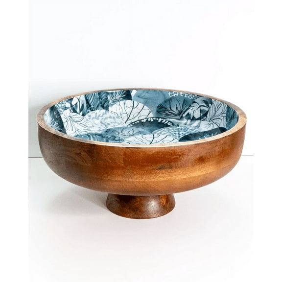 Decorative Mango Wooden Pedestal Fruit Bowl with Custom Nature-Inspired Watercolor Artwork Enamel Inlay