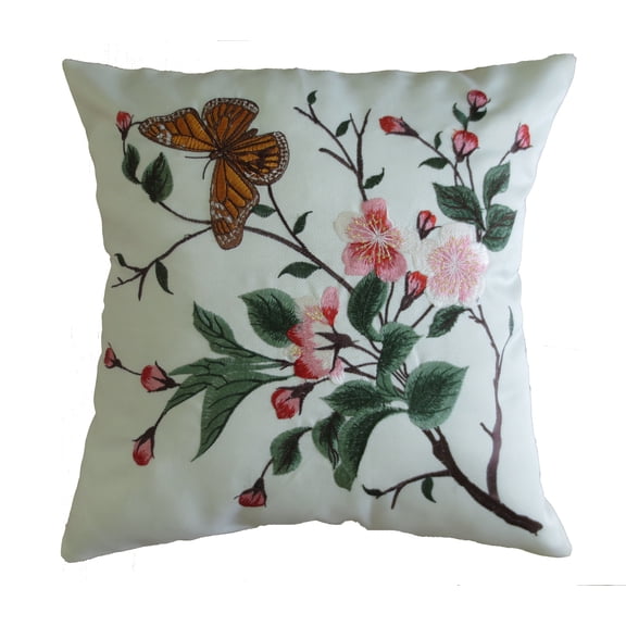 Decorative Mante Carlo Fine Burlap 18" X 18" Throw Pillow, Embroidered Butterfly Design