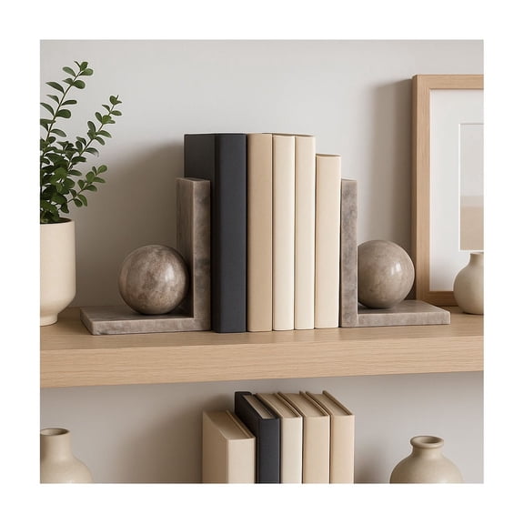 Decorative Marble Book Ends with Sculptural Sphere Design - Elegant Book Accessories for Desk, Office, and Home Library - Perfect Ornmental Bookshelf Decor for Book Lovers - Set of 2, 7", Tan & Ivory