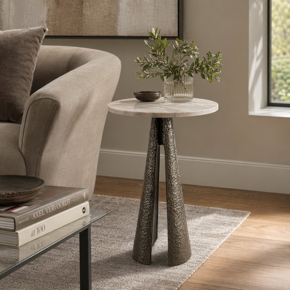 Decorative Marble End Table with Metal Base for Home Decor - Small Side Table for Bedroom Nightstand or Bedside and Living Room Decor - Modern Drink Table for Small Spaces - 22", Bronze & Tan