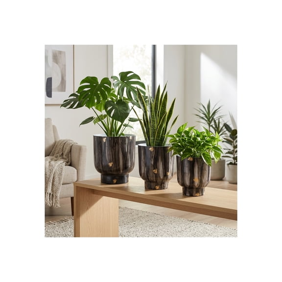 Decorative Marble Inspired Planters for Home Decor - Contemporary Flower Pots for Living Room, Entryway, or Patio - Indoor and Outdoor Garden Pots for Plant - Set of 3, 11", 10", 9", Gray & Gold