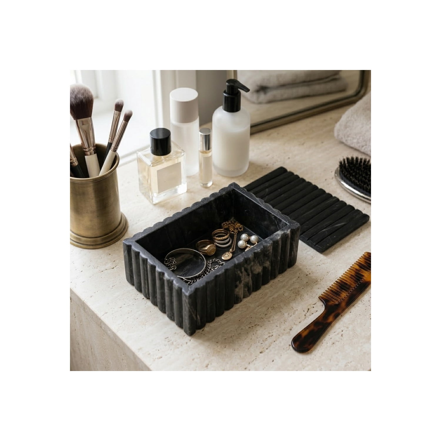 Decorative Marble Ridged Box for Home Decor- Modern Storage Box with Lid for Jewelry, Keepsake, and Shelf Accent - Home Organizer for Bedroom, Office Desk, or Living Room Decor - 3", Black