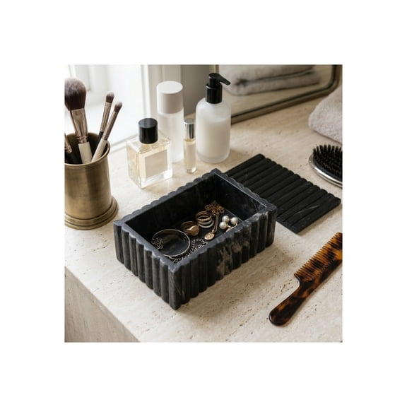 Decorative Marble Ridged Box for Home Decor- Modern Storage Box with Lid for Jewelry, Keepsake, and Shelf Accent - Home Organizer for Bedroom, Office Desk, or Living Room Decor - 3", Black