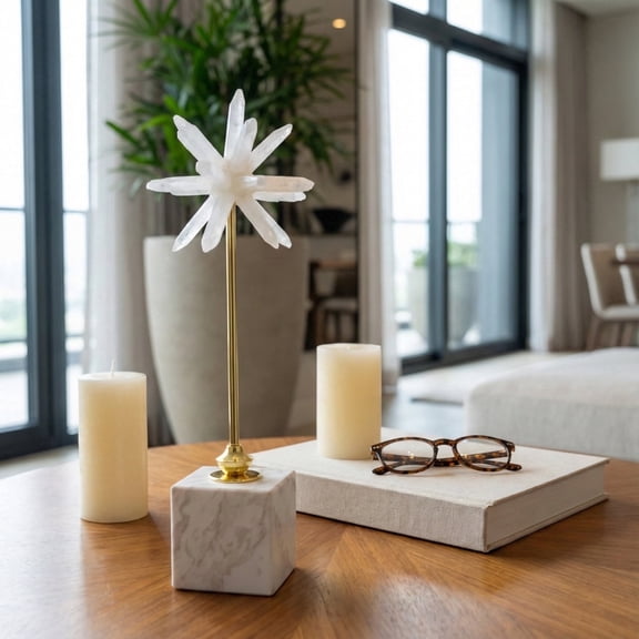 Decorative Marble Starburst with Base for Home and Office Decor - Ornament for Bathroom, Living Room, and Shelf Styling - Sculptural Statue Accent for Coffee Table Decor - 17", White & Gold