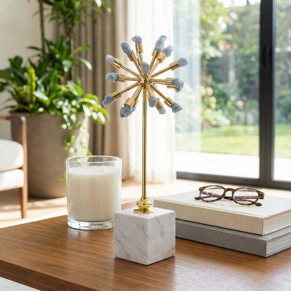 Decorative Marble Starburst with Base for Home and Office Decor - Sculptural Statue Accent for Coffee Table Decor - Ornament for Bathroom, Living Room, and Shelf Styling - 18", Blue & Gold