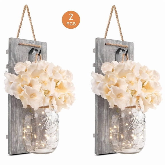 Decorative Mason Jar Wall Decor - Rustic Wall Sconces with Flowers - Farmhouse Home Decor (Set Of 2)