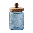 thumbnail image 1 of Decorative Mason Jars with Wooden Lids 700ML Colored Glass Kitchen Canister for Coffee Tea Cookie Airtight Vintage Food Storage Container with Embossed Floral Pattern (Blue Crabapple), 1 of 6