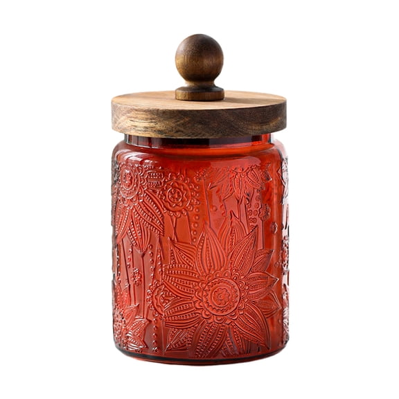 Decorative Mason Jars with Wooden Lids 700ML Colored Glass Kitchen Canister for Coffee Tea Cookie Airtight Vintage Food Storage Container with Embossed Floral Pattern (Blue Crabapple)