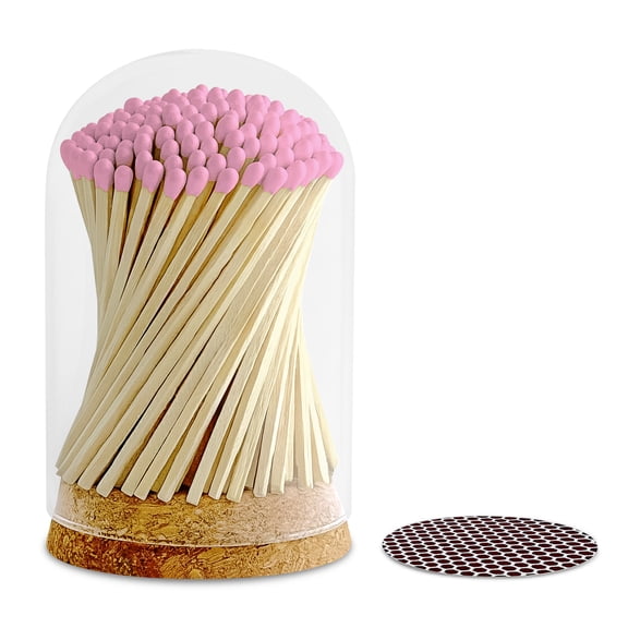 Decorative Matches Large Dome Glass Jar | 4" Light Pink Long Matches (150 Matchsticks) + Cork Top Glass Holder + Striker Stickers | Gifts, Dcor & Candle Accessories | by Thankful Greetings