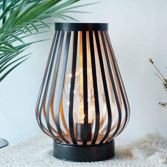 JHY DESIGN Metal Cage Lantern with Fairy Lights Battery Powered Cordless Bronze