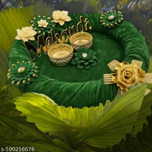 Decorative Mehndi Ceremony Plates green velvet fabrics. Decorative haldi ceremont plate haldi thali for ceremony.