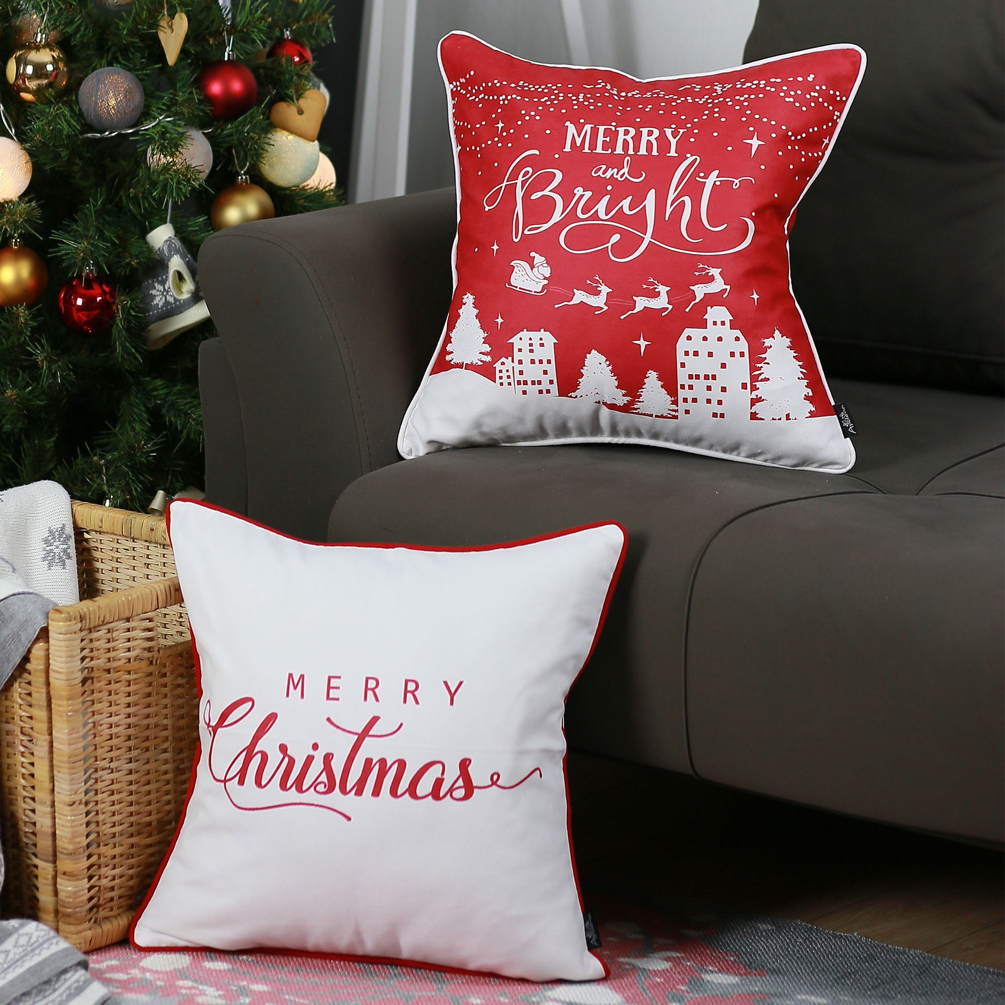 Festive Red and White Merry Christmas Polyester Throw Pillow Set
