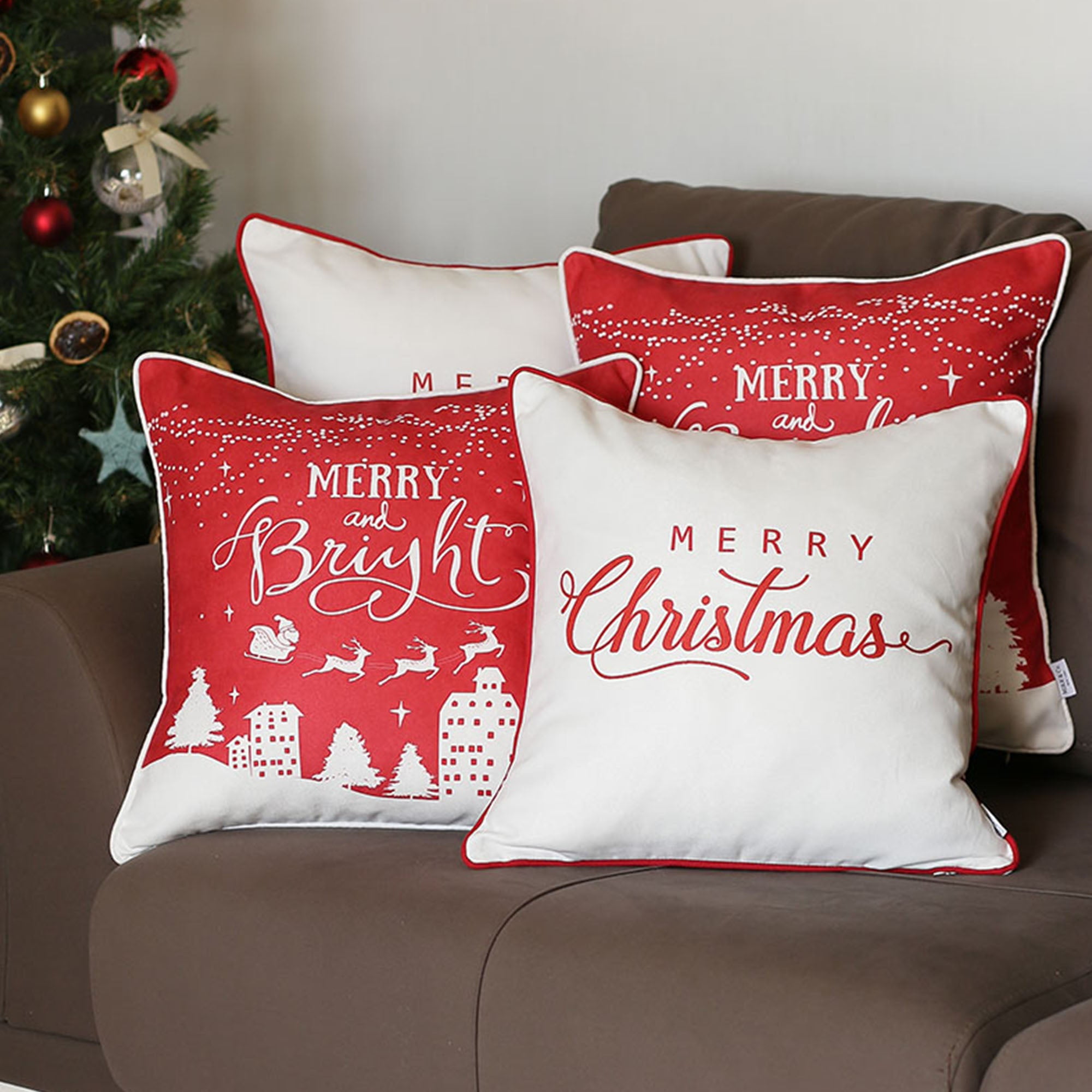 Festive Red and White Polyester Christmas Pillow Covers Set of 4